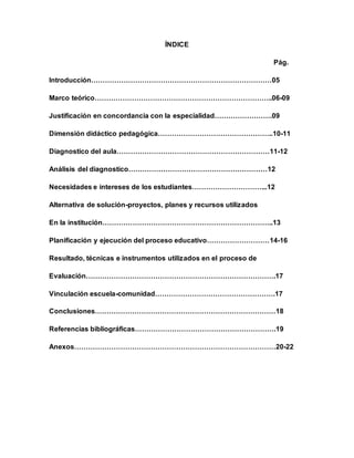 ÍNDICE
Pág.
Introducción……………………………………………………………………05
Marco teórico…………………………………………………………………..06-09
Justificación en concordancia con la especialidad…………………….09
Dimensión didáctico pedagógica…………………………………………..10-11
Diagnostico del aula…………………………………………………………11-12
Análisis del diagnostico……………………………………………………12
Necesidades e intereses de los estudiantes…………………………...12
Alternativa de solución-proyectos, planes y recursos utilizados
En la institución………………………………………………………………..13
Planificación y ejecución del proceso educativo………………………14-16
Resultado, técnicas e instrumentos utilizados en el proceso de
Evaluación……………………………………………………………………….17
Vinculación escuela-comunidad…………………………………………….17
Conclusiones……………………………………………………………………18
Referencias bibliográficas…………………………………………………….19
Anexos……………………………………………………………………………20-22
 