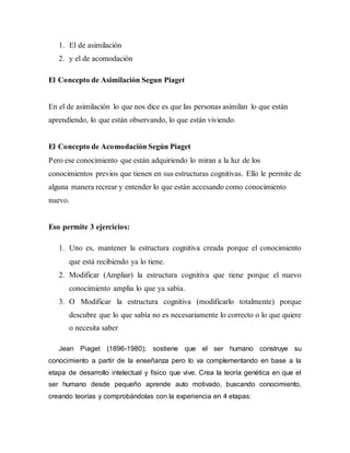 1. El de asimilación
2. y el de acomodación
El Concepto de Asimilación Segun Piaget
En el de asimilación lo que nos dice es que las personas asimilan lo que están
aprendiendo, lo que están observando, lo que están viviendo.
El Concepto de Acomodación Según Piaget
Pero ese conocimiento que están adquiriendo lo miran a la luz de los
conocimientos previos que tienen en sus estructuras cognitivas. Ello le permite de
alguna manera recrear y entender lo que están accesando como conocimiento
nuevo.
Eso permite 3 ejercicios:
1. Uno es, mantener la estructura cognitiva creada porque el conocimiento
que está recibiendo ya lo tiene.
2. Modificar (Ampliar) la estructura cognitiva que tiene porque el nuevo
conocimiento amplia lo que ya sabía.
3. O Modificar la estructura cognitiva (modificarlo totalmente) porque
descubre que lo que sabía no es necesariamente lo correcto o lo que quiere
o necesita saber
Jean Piaget (1896-1980); sostiene que el ser humano construye su
conocimiento a partir de la enseñanza pero lo va complementando en base a la
etapa de desarrollo intelectual y físico que vive. Crea la teoría genética en que el
ser humano desde pequeño aprende auto motivado, buscando conocimiento,
creando teorías y comprobándolas con la experiencia en 4 etapas:
 