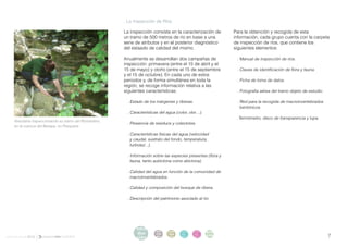 . La Inspección de Ríos

                                                        La inspección consiste en la caracterización de        Para la obtención y recogida de esta
                                                        un tramo de 500 metros de río en base a una            información, cada grupo cuenta con la carpeta
                                                        serie de atributos y en el posterior diagnóstico       de inspección de ríos, que contiene los
                                                        del estaado de calidad del mismo.                      siguientes elementos:

                                                        Anualmente se desarrollan dos campañas de               . Manual de inspección de ríos.
                                                        inspección: primavera (entre el 15 de abril y el
                                                        15 de mayo) y otoño (entre el 15 de septiembre          . Claves de identificación de flora y fauna.
                                                        y el 15 de octubre). En cada uno de estos
                                                        periodos y, de forma simultánea en toda la              . Ficha de toma de datos.
                                                        región, se recoge información relativa a las
                                                        siguientes características:                             . Fotografía aérea del tramo objeto de estudio.

                                                         . Estado de los márgenes y riberas.                    . Red para la recogida de macroinvertebrados
                                                                                                                  bentónicos.
                                                         . Características del agua (color, olor…).
                                                                                                                .Termómetro, disco de transparencia y lupa.
    Voluntaria inspeccionando su tramo del Rumardero,
                                                         . Presencia de residuos y colectores.
    en la cuenca del Besaya, en Pesquera.

                                                         . Características físicas del agua (velocidad
                                                           y caudal, sustrato del fondo, temperatura,
                                                           turbidez...).

                                                         . Información sobre las especies presentes (flora y
                                                           fauna, tanto autóctona como alóctona).

                                                         . Calidad del agua en función de la comunidad de
                                                           macroinvertebrados.

                                                         . Calidad y composición del bosque de ribera.

                                                         . Descripción del patrimonio asociado al río.




                                                              intro
                                                               duc
                                                                        acti   parti   infor   infor   ane
                                                                                                                                                                  7
                                                                        vida
informe anual 2012                                            ción      des
                                                                               cipa
                                                                               ción
                                                                                       me
                                                                                       2012
                                                                                               me
                                                                                               2012    xos
 