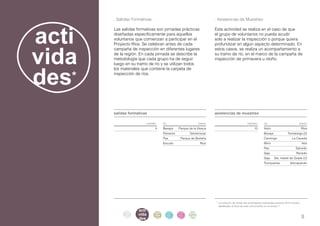 . Salidas Formativas                                           . Asistencias de Muestreo




                 acti
                        Las salidas formativas son jornadas prácticas                  Esta actividad se realiza en el caso de que
                        diseñadas específicamente para aquellos                        el grupo de voluntarios no pueda acudir
                        voluntarios que comienzan a participar en el                   solo a realizar la inspección o porque quiera




                 vida
                        Proyecto Ríos. Se celebran antes de cada                       profundizar en algún aspecto determinado. En
                        campaña de inspección en diferentes lugares                    estos casos, se realiza un acompañamiento a
                        de la región. En cada jornada se describe la                   su tramo de río, en el marco de la campaña de
                        metodología que cada grupo ha de seguir                        inspección de primavera u otoño.
                        luego en su tramo de río y se utilizan todos



                 des*
                        los materiales que contiene la carpeta de
                        inspección de ríos.




                        salidas formativas                                             asistencias de muestreo

                        	número 	                      río	tramo                       	número                                    río	tramo
                                               4       Besaya	   Parque de la Viesca   	                                  10      Asón	Riva
                                                       Pámanes	Sobremazas                                                         Besaya	             Torrelavega (2)
                                                       Pas 	      Parque de Borleña                                               Canónigo 	             La Cavada
                                                       Escudo	Roiz                                                                Moro	Aes
                                                                                                                                  Pas	Salcedo
                                                                                                                                  Saja	Renedo
                                                                                                                                  Saja	    Sta. Isabel de Quijas (2)
                                                                                                                                  Tronquerías	Sierrapando




                                                                                           * La relación de todas las actividades realizadas durante 2012 vienen
                                                                                             detalladas al final de este documento en el anexo 1.
                                     acti
                             intro
                              duc    vida
                                               parti     infor   infor   ane
informe anual 2012           ción
                                     des
                                               cipa
                                               ción
                                                         me
                                                         2012
                                                                 me
                                                                 2012    xos                                                                                       8
 