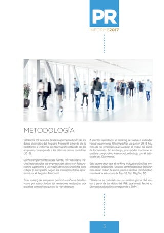 PRINFORME2017
3
El Informe PR se nutre desde su primera edición de los
datos obtenidos del Registro Mercantil a través de la
plataforma e-informa. La información obtenida de las
empresas corresponde a los últimos cierres contables
(2015).
Como complemento a esta fuente, PR Noticias ha he-
cho llegar a todas las empresas del sector con factura-
ciones superiores a un millón de euros una ficha para
cotejar (o completar, según los casos) los datos apor-
tados por el Registro Mercantil.
En el ranking de empresas por facturación se detallan
-caso por caso- todas las revisiones realizadas por
aquellas compañías que así lo han deseado.
A efectos operativos, el ranking se vuelve a extender
hasta las primeras 40 compañías ya que en 2015 hay
más de 30 empresas que superan el millón de euros
de facturación. Sin embargo, para poder mantener el
análisis comparativo interanual, se trabaja con el lista-
do de las 30 primeras.
Esto quiere decir que el ranking incluye a todas las em-
presasdeRelacionesPúblicasidentificadasquefacturan
más de un millón de euros, pero el análisis comparativo
mantiene la estructura de Top 10, Top 20 y Top 30.
El Informe se completa con un análisis global del sec-
tor a partir de los datos del INE, que a esta fecha su
última actualización corresponde a 2014.
METODOLOGÍA
 
