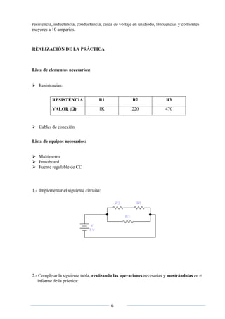 resistencia, inductancia, conductancia, caída de voltaje en un diodo, frecuencias y corrientes
mayores a 10 amperios.



REALIZACIÓN DE LA PRÁCTICA



Lista de elementos necesarios:


 Resistencias:


           RESISTENCIA               R1                 R2                 R3

           VALOR (Ω)                 1K                 220                470



 Cables de conexión


Lista de equipos necesarios:


 Multímetro
 Protoboard
 Fuente regulable de CC




1.- Implementar el siguiente circuito:




2.- Completar la siguiente tabla, realizando las operaciones necesarias y mostrándolas en el
   informe de la práctica:




                                            6
 