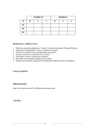 TEÓRICAS                           MEDIDAS

              R        Ω          V              I        Ω          V           I

             R1

             R2

             R3




RESPUESTA A PREGUNTAS

1.   Defina los siguientes parámetros: Voltaje, Corriente, Resistencia, Potencia Eléctrica.
2.   ¿Qué mide el amperímetro y cómo se conecta al circuito?
3.   ¿Cuál es la ventaja de usar un amperímetro de gancho?
4.   ¿Cómo se conecta un voltímetro a un circuito?
5.   ¿Qué mide y cómo se conecta un vatímetro?
6.   Por medio de un ejemplo explique la ley de Ohm.
7.   Indique las principales ventajas de los multímetros digitales sobre los analógicos.




CONCLUSIONES




BIBLIOGRAFÍA

http://www.unicrom.com/Tut_DefiniInstrumentacion.asp




ANEXOS




                                             7
 