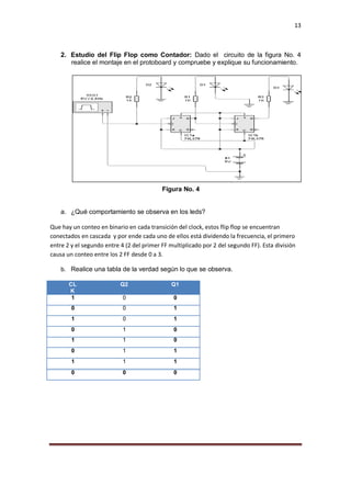 13
2. Estudio del Flip Flop como Contador: Dado el circuito de la figura No. 4
realice el montaje en el protoboard y compruebe y explique su funcionamiento.
Figura No. 4
a. ¿Qué comportamiento se observa en los leds?
Que hay un conteo en binario en cada transición del clock, estos flip flop se encuentran
conectados en cascada y por ende cada uno de ellos está dividendo la frecuencia, el primero
entre 2 y el segundo entre 4 (2 del primer FF multiplicado por 2 del segundo FF). Esta división
causa un conteo entre los 2 FF desde 0 a 3.
b. Realice una tabla de la verdad según lo que se observa.
CL
K
Q2 Q1
1 0 0
0 0 1
1 0 1
0 1 0
1 1 0
0 1 1
1 1 1
0 0 0
 