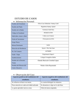 ESTUDIO DE CASOS
 Información Personal:
Nombre del Estudiante Oliver Luis Sebastian Santay Calel
Nombre del Padre Rigoberto Santay Ajanel
Nombre de la Madre Verónica Calel Sica
Código de Estudiante PEND3314789
Edad (años, meses y días) 5 años con 4 meses
Fecha de Nacimiento 18 de junio de 2016
Grupo Étnico
Idioma Dominante kiché
Dirección de Residencia Sector 1 Rio San Juan
No. De Contacto 46780009
Grado / Etapa Preprimaria Etapa 6
Establecimiento Colegio Evangélico Belén
Nombre de la Docente
Titular
Glenda Maricela Cristobal López
Nombre del Director del
Centro Educativo
Walter Ailón Raymundo
 Observación del Caso:
Aspectos positivos del rendimiento del
estudiante.
Aspectos negativos del rendimiento del
estudiante.
Se esfuerza en hacer sus tareas. Le cuesta distinguir los números.
Pone atención en cada actividad realizada. Se desanima si algo no le sale bien.
Le gusta aprender nuevas cosas. Falta de tareas asignadas.
 