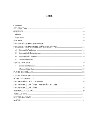 ÍNDICE
Contenido
INTRODUCCIÓN .............................................................................................................................. 7
OBJETIVOS ....................................................................................................................................... 8
General:........................................................................................................................................... 8
Específicos: ..................................................................................................................................... 8
RESUMEN.......................................................................................................................................... 9
FICHA DE INFORMACIÓN PERSONAL...................................................................................... 13
FICHA DE INFORMACIÓN DEL CENTRO EDUCATIVO ......................................................... 14
a) Información Académica. ....................................................................................................... 14
b) Información de Infraestructura.............................................................................................. 15
c) Información del personal....................................................................................................... 16
d) Listado del personal. ............................................................................................................. 17
ESTUDIO DE CASOS ..................................................................................................................... 19
 Información Personal: ........................................................................................................... 19
 Observación del Caso:........................................................................................................... 19
PLANES BIMESTRALES ............................................................................................................... 23
PLANES SEMANALES................................................................................................................... 24
HOJAS DE ASISTENCIAS.............................................................................................................. 25
FICHAS DE EXPERIENCIAS DIARIAS........................................................................................ 26
FICHAS DE EVALUACIÓN DE DESEMPEÑO DE CLASE........................................................ 27
FICHAS DE EVALUACIÓN DE..................................................................................................... 28
DESEMPEÑO SEMANAL............................................................................................................... 29
CONCLUSIONES ............................................................................................................................ 30
RECOMENDACIONES................................................................................................................... 31
ANEXO............................................................................................................................................. 32
 