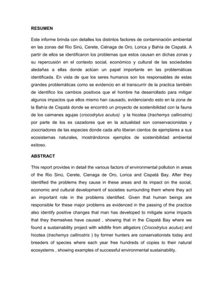 RESUMEN
Este informe brinda con detalles los distintos factores de contaminación ambiental
en las zonas del Rio Sinú, Cerete, Ciénaga de Oro, Lorica y Bahía de Cispatá. A
partir de ellos se identificaron los problemas que estos causan en dichas zonas y
su repercusión en el contexto social, económico y cultural de las sociedades
aledañas a ellas donde actúan un papel importante en las problemáticas
identificada. En vista de que los seres humanos son los responsables de estas
grandes problemáticas como se evidencio en el transcurrir de la practica también
de identifico los cambios positivos que el hombre ha desarrollado para mitigar
algunos impactos que ellos mismo han causado, evidenciando esto en la zona de
la Bahía de Cispatá donde se encontró un proyecto de sostenibilidad con la fauna
de los caimanes agujas (crocodrylus acutus) y la hicotea (trachemys callirostris)
por parte de los ex cazadores que en la actualidad son conservacionistas y
zoocriadores de las especies donde cada año liberan cientos de ejemplares a sus
ecosistemas naturales, mostrándonos ejemplos de sostenibilidad ambiental
exitoso.
ABSTRACT
This report provides in detail the various factors of environmental pollution in areas
of the Rio Sinú, Cerete, Cienaga de Oro, Lorica and Cispatá Bay. After they
identified the problems they cause in these areas and its impact on the social,
economic and cultural development of societies surrounding them where they act
an important role in the problems identified. Given that human beings are
responsible for these major problems as evidenced in the passing of the practice
also identify positive changes that man has developed to mitigate some impacts
that they themselves have caused , showing that in the Cispatá Bay where we
found a sustainability project with wildlife from alligators (Crocodrylus acutus) and
hicotea (trachemys callirostris ) by former hunters are conservationists today and
breeders of species where each year free hundreds of copies to their natural
ecosystems , showing examples of successful environmental sustainability.

 