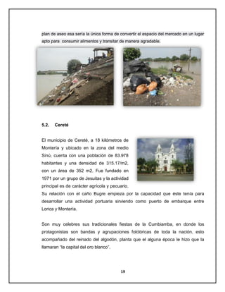plan de aseo esa sería la única forma de convertir el espacio del mercado en un lugar
apto para consumir alimentos y transitar de manera agradable.

5.2.

Cereté

El municipio de Cereté, a 18 kilómetros de
Montería y ubicado en la zona del medio
Sinú, cuenta con una población de 83.978
habitantes y una densidad de 315.17/m2,
con un área de 352 m2. Fue fundado en
1971 por un grupo de Jesuitas y la actividad
principal es de carácter agrícola y pecuario.
Su relación con el caño Bugre empieza por la capacidad que éste tenía para
desarrollar una actividad portuaria sirviendo como puerto de embarque entre
Lorica y Montería.

Son muy celebres sus tradicionales fiestas de la Cumbiamba, en donde los
protagonistas son bandas y agrupaciones folclóricas de toda la nación, esto
acompañado del reinado del algodón, planta que el alguna época le hizo que la
llamaran “la capital del oro blanco”.

19

 