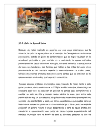 5.3.2. Caño de Aguas Prietas

Después de haber realizado un recorrido por esta zona observamos que la
situación del caño de aguas prietas en el municipio de Ciénaga de oro es bastante
preocupante, debido al grado de contaminación que se logra visualizar en la
actualidad, producida en gran medida por el vertimiento de aguas residuales
provenientes del casco urbano del municipio, que está afectando la salud pública
de todos sus habitantes. Las familias que habitan a las orillas del caño, viven
prácticamente en un basurero, soportando constantemente los malos olores;
también observamos animales domésticos como cerdos que se alimentan de lo
que encuentran en el caño y que luego son consumidos.

Aunque algunas entidades municipales están tratando de hacer frente a este
grave problema, como en el caso de la CVSy la alcaldía municipal, sin embargo es
necesario decir que la población en general no parece estar comprometida a
cambiar su estilo de vida y mejorar ciertos hábitos de aseo, pero sobre todo
parece que no hay un plan efectivo por parte de las autoridades que mejoren los
servicios de alcantarillado y aseo, así como capacitaciones adecuadas para un
buen uso de este en las partes de la comunidad que ya lo tienen; esto hace que la
población en general recurra a lanzar desperdicios al caño de aguas prietas, sin
mencionar la contaminación que recibe de ciertos lugares especialmente del
mercado municipal que ha hecho de este su basurero personal, lo que ha
23

 