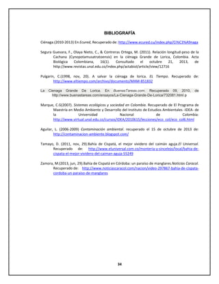 BIBLIOGRAFÍA
Ciénaga.(2010-2013) En Ecured, Recuperado de: http://www.ecured.cu/index.php/Ci%C3%A9naga
Segura Guevara, F., Olaya Nieto, C., & Contreras Ortega, M. (2011). Relación longitud-peso de la
Cachana (Cynopotamusatratoensis) en la ciénaga Grande de Lorica, Colombia. Acta
Biológica
Colombiana,
16(1).
Consultado
el
octubre
21,
2013,
de
http://www.revistas.unal.edu.co/index.php/actabiol/article/view/12716
Pulgarin, C.(1998, nov, 20). A salvar la ciénaga de lorica. EL Tiempo. Recuperado de:
http://www.eltiempo.com/archivo/documento/MAM-851832
La

Cienaga Grande De Lorica. En BuenasTareas.com. Recuperado 09, 2010,
http://www.buenastareas.com/ensayos/La-Cienaga-Grande-De-Lorica/732081.html p

de

Marque, C.G(2007). Sistemas ecológicos y sociedad en Colombia. Recuperado de El Programa de
Maestría en Medio Ambiente y Desarrollo del Instituto de Estudios Ambientales -IDEA- de
la
Universidad
Nacional
de
Colombia:
http://www.virtual.unal.edu.co/cursos/IDEA/2010615/lecciones/eco_col/eco_col6.html
Aguilar, L. (2006-2009) Contaminación ambiental. recuperado el 15 de octubre de 2013 de:
http://contaminacion-ambiente.blogspot.com/
Tamayo, D. (2011, nov, 29).Bahía de Cispatá, el mejor vividero del caimán aguja.El Universal.
Recuperado de: http://www.eluniversal.com.co/monteria-y-sincelejo/local/bahia-decispata-el-mejor-vividero-del-caiman-aguja-55249
Zamora, M.(2013, jun, 29).Bahía de Cispatá en Córdoba: un paraíso de manglares.Noticias Caracol.
Recuperado de: http://www.noticiascaracol.com/nacion/video-297867-bahia-de-cispatacordoba-un-paraiso-de-manglares

34

 