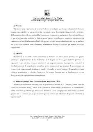 Universidad Austral de Chile
Escuela de Psicología - Campus Puerto Montt
Los Pinos s/n, Balneario Pelluco · Campus Puerto Montt · Chile
Casilla 1327 · Fono: 56 - 65 - 277195· Fax: 56 65-277101
10
a) Visión:
“Promover una experiencia de carácter holística y ecológica que busque el desarrollo humano
integral, sustentándolo en una acción social participativa y de democracia social, donde los principios
del humanismo laico y la interculturalidad constituyen los ejes de su quehacer en el servicio público, en
el que el compromiso solidario y fraterno como valores contribuyan a establecer mecanismos de
encuentro con la realidad situacional de la diferencia y otredad, asumiendo e integrando en su quehacer
una perspectiva crítica de las condiciones y relaciones de desempoderamiento que aquejan a nuestras
comunidades”.
b) Misión:
“Contribuir al desarrollo socio comunitario y humano de niños, niñas, jóvenes, sus grupos
familiares y organizaciones de los habitantes de la Región de Los Lagos mediante procesos de
reparación socio-afectiva, procesos educativos de empoderamiento, investigación, formación y
fortalecimiento de la organización ciudadana como mecanismos que orienten la construcción de
proyectos de vida personal, familiares y sociales orientados al reconocimiento de derechos sociales,
políticos, económicos y culturales básicos en la persona humana que se fundamenten en una
democracia social, participativa y autogestionaria.
c) Objetivo general Área Desarrollo Rural Alternativo y M.A.
“Contribuir al desarrollo alternativo de las comunidades rurales de la Carretera Austral entre las
localidades de Piedra Azul y Chaicas de la comuna de Puerto Montt, promoviendo la sustentabilidad
social, económica y cultural que potencie las dinámicas locales con pequeños productores de ambos
géneros en el contexto de la globalización que se sostiene en relaciones de poder autoritarias y
hegemónicas”.
 