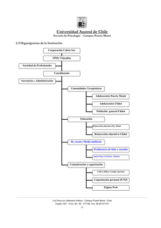 Universidad Austral de Chile
Escuela de Psicología - Campus Puerto Montt
Los Pinos s/n, Balneario Pelluco · Campus Puerto Montt · Chile
Casilla 1327 · Fono: 56 - 65 - 277195· Fax: 56 65-277101
11
Corporación Caleta Sur
ONG Vínculos
Sociedad de Profesionales
Coordinación
Secretaria y Administración
Comunidades Terapéuticas
Adolescentes Puerto Montt
Adolescentes Chiloé
Población general Chiloé
Educación
Reinserción educativa Pto. Montt
Reinserción educativa Chiloé
Ds. rural y Medio ambiente
Productores de leña y escuelas
Apoyo Org. Carretera Austral
Comunicación y capacitación
Chile Califica/ Contigo Aprendo
Capacitación personal JUNJI
Página Web
2.3 Organigramas de la Institución
 