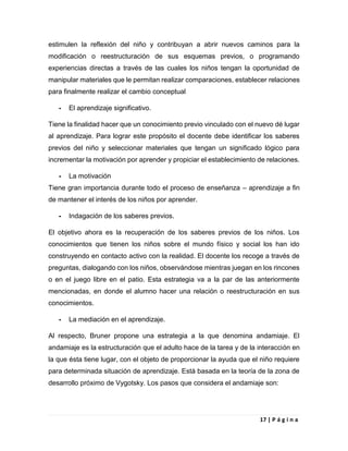 17 | P á g i n a
estimulen la reflexión del niño y contribuyan a abrir nuevos caminos para la
modificación o reestructuración de sus esquemas previos, o programando
experiencias directas a través de las cuales los niños tengan la oportunidad de
manipular materiales que le permitan realizar comparaciones, establecer relaciones
para finalmente realizar el cambio conceptual
- El aprendizaje significativo.
Tiene la finalidad hacer que un conocimiento previo vinculado con el nuevo dé lugar
al aprendizaje. Para lograr este propósito el docente debe identificar los saberes
previos del niño y seleccionar materiales que tengan un significado lógico para
incrementar la motivación por aprender y propiciar el establecimiento de relaciones.
- La motivación
Tiene gran importancia durante todo el proceso de enseñanza – aprendizaje a fin
de mantener el interés de los niños por aprender.
- Indagación de los saberes previos.
El objetivo ahora es la recuperación de los saberes previos de los niños. Los
conocimientos que tienen los niños sobre el mundo físico y social los han ido
construyendo en contacto activo con la realidad. El docente los recoge a través de
preguntas, dialogando con los niños, observándose mientras juegan en los rincones
o en el juego libre en el patio. Esta estrategia va a la par de las anteriormente
mencionadas, en donde el alumno hacer una relación o reestructuración en sus
conocimientos.
- La mediación en el aprendizaje.
Al respecto, Bruner propone una estrategia a la que denomina andamiaje. El
andamiaje es la estructuración que el adulto hace de la tarea y de la interacción en
la que ésta tiene lugar, con el objeto de proporcionar la ayuda que el niño requiere
para determinada situación de aprendizaje. Está basada en la teoría de la zona de
desarrollo próximo de Vygotsky. Los pasos que considera el andamiaje son:
 