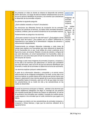 26 | P á g i n a
R
O
L
L
O
Se presenta un video en donde se observa el desarrollo del embrión
dentro del huevo, a lo largo de este se realizan señalizaciones con el fin
de que el alumno identifique el proceso y los eventos que caracterizan
el desarrollo de los animales ovíparos.
Se plantea la siguiente pregunta:
¿Qué cuidados necesita un huevo? (Incubación)
Se mencionan las diferentes formas de incubación de los animales
ovíparos (se introduce el termino), se habla sobre animales terrestres,
acuáticos, anfibios, pero se centra la dinámica en los animales marinos.
Posteriormente se pregunta a los alumnos.
¿Qué pasa cuando la cría por fin sale del huevo? ¿Qué peligros corren
cuando nace del huevo? ¿Sus padres aun lo cuidan? (Diferenciar la
dependencia a sus padres en la alimentación: traspaso de alimento o
sobrevivencia independiente)
Posteriormente se entregan diferentes materiales a cada mesa de
trabajo para realizar una manualidad que hace referencia el desarrollo
de los huevecillos de un pez. (Las bolitas de unicel y patrones de la
figura de un pez, ver anexos, Resistol, círculos de colores.), la figura del
pez será decorada y el unicel representaran los huevecillos, estos se
ubicaran en una zona clave para simular el proceso antes de la desova
del conjunto de huevos.
Se entrega a cada mesa imágenes de animales (ovíparos y vivíparos) y
se les pide a los alumnos que seleccionen un animal que consideren
que nace del huevo, esto con el fin de que los alumnos identifiquen que
el tamaño o medio de los animales no determina la forma de nacimiento.
Los alumnos explican porque lo seleccionaron.
A partir de la información obtenida y compartida y el animal marino
seleccionado de las imágenes entregadas a la mesa, se les pide a los
alumnos realicen su propia historia de la vida de ese animal marino que
eligieron, plasmando lo que más les agrado de lo que hemos observado
y compartido hasta el momento, esto con el fin de que traten de incluir
las características de su medio de vida y las características en las
cuales se desarrollan.
watch?v=N4
6vJdn4vsE
Imágenes de
animales
ovíparos y
vivíparos.
Las bolitas
de unicel y
patrones de
la figura de
un pez, ver
anexos,
Resistol,
círculos de
colores.
C
I
E
R
R
E
Cuando los alumnos concluyan su historia, plantear a los alumnos que
cuando estábamos trabajando nos llegó un mensaje de una persona
que necesita ayuda [leer la historia de Joaquín el veterinario], al cual se
le revolvieron sus animalitos que cuidaba y necesita de nuestra ayuda,
y para separar a los animales que el cuida, tendremos que jugara a la
lotería.
Se entrega una lotería con las características de animales (ovíparos y
vivíparos) y fichas blancas y rojas que los alumnos utilizaran de la
siguiente forma:
 