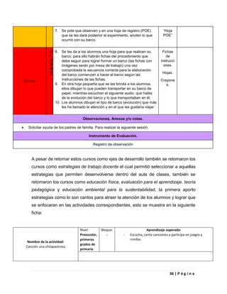36 | P á g i n a
7. Se pide que observen y en una hoja de registro (POE)
que se les dará posterior al experimento, anoten lo que
ocurrió con su barco.
“Hoja
POE”
30 min.
C
I
E
R
R
E
8. Se les da a los alumnos una hoja para que realicen su
barco, para ello habrán fichas del procedimiento que
debe seguir para lograr formar un barco (las fichas con
imágenes serán por mesa de trabajo) una vez
comprobada la secuencia correcta para la elaboración
del barco comienzan a hacer el barco según las
instrucciones de las fichas.
9. En otra hoja pequeña que se les brinda a los alumnos,
ellos dibujan lo que pueden transportar en su barco de
papel, mientras escuchan el siguiente audio, que habla
de la evolución del barco y lo que transportaban en él.
10. Los alumnos dibujan el tipo de barco (evolución) que más
les ha llamado la atención y en el que les gustaría viajar.
Fichas
de
instrucci
ones.
Hojas.
Crayone
s.
Observaciones, Anexos y/o notas.
 Solicitar ayuda de los padres de familia. Para realizar la siguiente sesión.
Instrumento de Evaluación.
Registro de observación
A pesar de retomar estos cursos como ejes de desarrollo también se retomaron los
cursos como estrategias de trabajo docente el cual permitió seleccionar a aquellas
estrategias que permiten desenvolverse dentro del aula de clases, también se
retomaron los cursos como educación física, evaluación para el aprendizaje, teoría
pedagógica y educación ambiental para la sustentabilidad, la primera aporto
estrategias como lo son cantos para atraer la atención de los alumnos y lograr que
se enfocaran en las actividades correspondientes, esto se muestra en la siguiente
ficha:
Nombre de la actividad:
Canción una chilapastrosa
Nivel:
Preescolar,
primeros
grados de
primaria
Bloque:
--
Aprendizaje esperado:
- Escucha, canta canciones y participa en juegos y
rondas.
 