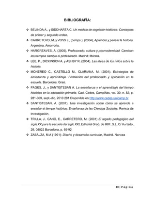 49 | P á g i n a
BIBLIOGRAFÍA:
 BELINDA A., y SIDDHARTA C. Un modelo de cognición histórica: Conceptos
de primer y segundo orden.
 CARRETERO, M. y VOSS J., (comps.). (2004), Aprender y pensar la historia.
Argentina. Amorrortu.
 HARGREAVES, A. (2005). Profesorado, cultura y posmodernidad. Cambian
los tiempos cambia el profesorado. Madrid: Morata.
 LEE, P., DICKINSON A. y ASHBY R. (2004). Las ideas de los niños sobre la
historia.
 MONEREO C., CASTELLÓ M., CLARIANA, M. (2001). Estrategias de
enseñanza y aprendizaje. Formación del profesorado y aplicación en la
escuela. Barcelona: Graó.
 PAGÈS, J., y SANTISTEBAN A. La enseñanza y el aprendizaje del tiempo
histórico en la educación primaria. Cad. Cedes, Campiñas, vol. 30, n. 82, p.
281-309, sept.-dic. 2010 281 Disponible en http://www.cedes.unicamp.br
 SANTISTEBAN, A. (2007). Una investigación sobre cómo se aprende a
enseñar el tiempo histórico. Enseñanza de las Ciencias Sociales. Revista de
Investigación.
 TRILLA, J., CANO, E., CARRETERO, M. (2001) El legado pedagógico del
siglo XX para la escuela del siglo XXI, Editorial Graó, de IRIF, S.L. C/ Hurtado,
29. 08022 Barcelona, p. 69-92
 ZABALZA, M.A (1991): Diseño y desarrollo curricular, Madrid. Nancea
 