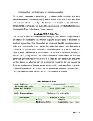 7 | P á g i n a
- Infraestructura y condiciones de la institución educativa
Es necesario reconocer la estructura y condiciones de la institución educativa,
desde la mirada de Vicente Mayorga (1999) el estado físico en el que se encuentra
una escuela influirá en el tipo de servicio que ofrecen a los estudiantes,
considerando el tamaño de las aulas, los espacios para actividades tecnológicas,
de educación física, la biblioteca y otros espacios.
DIAGNOSTICO GRUPAL
Con base en lo establecido en las orientaciones generales de cada campo formativo
se retoman los indicadores que marcan la pauta a seguir para el desarrollo del
siguiente diagnóstico. Este diagnóstico se encuentra dividido en seis secciones,
cada una corresponde a un campo formativo los cuales son: Lenguaje y
comunicación, Pensamiento matemático, Desarrollo personal y social, Desarrollo
físico y salud, Exploración y conocimiento del mundo y Expresión apreciación
artística (PEP, 2011); en cada una de estas secciones se encuentran los aspectos
generales que los niños deben adquirir a lo largo del ciclo escolar, se encuentra
también lo que los alumnos han ido favoreciendo marcando de esta manera las
áreas de oportunidades de cada campo formativo. Sin embargo solo se retomaron
dos campos formativos para el diseño de las secuencias didácticas los cuales fueron
Lenguaje y comunicación y Exploración y conocimiento del mundo.
Ficha de identificación
Nombre del plantel: Rey Netzahualcóyotl
Clave del centro de trabajo: 15EJN2257U Turno: matutino
Nombre de la Directora: Belem Peralta Fuentes
Nombre del docente titular: Claudia Lizbeth Fernández Milán
Grado: 1 Único Matricula: 26 alumnos
Niños: 9 Niñas: 16
Edad mínima: 3 años Edad máxima: 3 años 9 meses
 