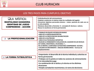CLUB HURACAN

                 LOS TRES PASOS PARA CUMPLIR EL OBJETIVO

     LA MÍSTICA:             •Individualización del entrenamiento
                              •Explotar y potenciar al máximo todas las cualidades del jugador
 MANTALIDAD GANADORA          •Encaminar objetivos personales-visiones – metas- pasiones de cada uno en
   IDENTIDAD DE JUEGO         un solo propósito
                              •Destacar, desarrollar y fomentar: A : conceptos B: técnicas c: valores.
  COMPROMISO – ACCIÓN         •Buscar la excelencia en forma permanente

                               •TRABAJO EN EQUIPO INTERDICISPLINARIO
                               •AREA DE LA MEDICINADEPORTIVA
                               •AREA DE LA PREEEVENCION REHABILITACION
    LA PROFECIONALIZACIÓN:    •AREA DE LA NUTRICION
                               •AREA D ELA PSICOLOGIA DEPORTIVA
                               •BUSCAR LA PERMANENTE EVOLUCION DEL JUGADOR EN LOS NIVELES
                               DE FUERZA, RESISTENCIA, VELOCIDAD, Y …
                               EN LA MENTAL ( CONFIANZA-AUTOESTIMA-COMPROMISO- ACCION )
                               •CALIDAD DE MOVIMIENTO : ANALISIS BIOMECANIOS – técnicas de
                               desplazamientos-


                               •Importante: el desarrollo de la técnica individual y colectiva en
 LA FORMA FUTBOLÍSTICA        forma permanente
                               •Trabajos con la pelota en todos las sesiones de entrenamiento
                               A la intensidad de juego
                               •La combinación de la táctica y la técnica en las distintas
                               situaciones
                               •Amplia variedad de movimientos a la toma de decisiones
 