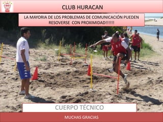 CLUB HURACAN
LA MAYORIA DE LOS PROBLEMAS DE COMUNICACIÓN PUEDEN
           RESOVERSE CON PROXIMIDAD!!!!!!




             CUERPO TÉCNICO
                 MUCHAS GRACIAS
 