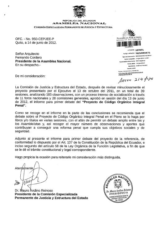 Informe para primer Debate Código Integral Penal