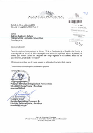 Informe primer debate CODIGO DE INGENIOS ECUADOR