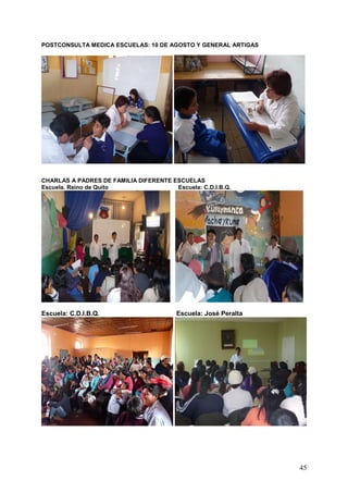 POSTCONSULTA MEDICA ESCUELAS: 10 DE AGOSTO Y GENERAL ARTIGAS




CHARLAS A PADRES DE FAMILIA DIFERENTE ESCUELAS
Escuela. Reino de Quito                Escuela: C.D.I.B.Q.




Escuela: C.D.I.B.Q.                      Escuela: José Peralta




                                                                 45
 