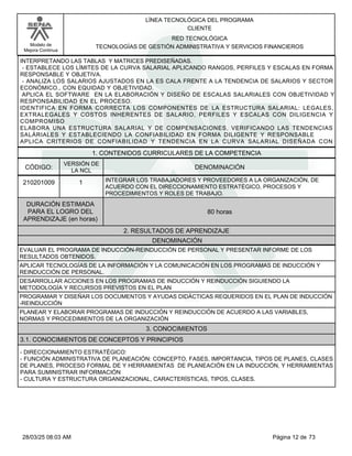LÍNEA TECNOLÓGICA DEL PROGRAMA
CLIENTE
Modelo de
Mejora Continua
RED TECNOLÓGICA
TECNOLOGÍAS DE GESTIÓN ADMINISTRATIVA Y SERVICIOS FINANCIEROS
INTERPRETANDO LAS TABLAS Y MATRICES PREDISEÑADAS.
- ESTABLECE LOS LÍMITES DE LA CURVA SALARIAL APLICANDO RANGOS, PERFILES Y ESCALAS EN FORMA
RESPONSABLE Y OBJETIVA.
- ANALIZA LOS SALARIOS AJUSTADOS EN LA ES CALA FRENTE A LA TENDENCIA DE SALARIOS Y SECTOR
ECONÓMICO., CON EQUIDAD Y OBJETIVIDAD.
APLICA EL SOFTWARE EN LA ELABORACIÓN Y DISEÑO DE ESCALAS SALARIALES CON OBJETIVIDAD Y
RESPONSABILIDAD EN EL PROCESO.
IDENTIFICA EN FORMA CORRECTA LOS COMPONENTES DE LA ESTRUCTURA SALARIAL: LEGALES,
EXTRALEGALES Y COSTOS INHERENTES DE SALARIO, PERFILES Y ESCALAS CON DILIGENCIA Y
COMPROMISO
ELABORA UNA ESTRUCTURA SALARIAL Y DE COMPENSACIONES, VERIFICANDO LAS TENDENCIAS
SALÁRIALES Y ESTABLECIENDO LA CONFIABILIDAD EN FORMA DILIGENTE Y RESPONSABLE
APLICA CRITERIOS DE CONFIABILIDAD Y TENDENCIA EN LA CURVA SALARIAL DISEÑADA CON
1. CONTENIDOS CURRICULARES DE LA COMPETENCIA
DENOMINACIÓN
CÓDIGO:
210201009
VERSIÓN DE
LA NCL
1
2. RESULTADOS DE APRENDIZAJE
INTEGRAR LOS TRABAJADORES Y PROVEEDORES A LA ORGANIZACIÓN, DE
ACUERDO CON EL DIRECCIONAMIENTO ESTRATÉGICO, PROCESOS Y
PROCEDIMIENTOS Y ROLES DE TRABAJO.
DURACIÓN ESTIMADA
PARA EL LOGRO DEL
APRENDIZAJE (en horas)
80 horas
DENOMINACIÓN
EVALUAR EL PROGRAMA DE INDUCCIÓN-REINDUCCIÓN DE PERSONAL Y PRESENTAR INFORME DE LOS
RESULTADOS OBTENIDOS.
APLICAR TECNOLOGÍAS DE LA INFORMACIÓN Y LA COMUNICACIÓN EN LOS PROGRAMAS DE INDUCCIÓN Y
REINDUCCIÓN DE PERSONAL.
DESARROLLAR ACCIONES EN LOS PROGRAMAS DE INDUCCIÓN Y REINDUCCIÓN SIGUIENDO LA
METODOLOGÍA Y RECURSOS PREVISTOS EN EL PLAN
PROGRAMAR Y DISEÑAR LOS DOCUMENTOS Y AYUDAS DIDÁCTICAS REQUERIDOS EN EL PLAN DE INDUCCIÓN
-REINDUCCIÓN
PLANEAR Y ELABORAR PROGRAMAS DE INDUCCIÓN Y REINDUCCIÓN DE ACUERDO A LAS VARIABLES,
NORMAS Y PROCEDIMIENTOS DE LA ORGANIZACIÓN
3. CONOCIMIENTOS
3.1. CONOCIMIENTOS DE CONCEPTOS Y PRINCIPIOS
- DIRECCIONAMIENTO ESTRATÉGICO:
- FUNCIÓN ADMINISTRATIVA DE PLANEACIÓN: CONCEPTO, FASES, IMPORTANCIA, TIPOS DE PLANES, CLASES
DE PLANES, PROCESO FORMAL DE Y HERRAMIENTAS DE PLANEACIÓN EN LA INDUCCIÓN, Y HERRAMIENTAS
PARA SUMINISTRAR INFORMACIÓN
- CULTURA Y ESTRUCTURA ORGANIZACIONAL, CARACTERÍSTICAS, TIPOS, CLASES.
Página 12 de 73
28/03/25 08:03 AM
 
