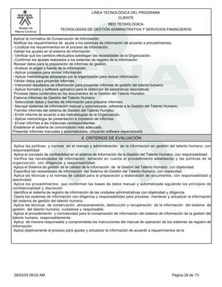 LÍNEA TECNOLÓGICA DEL PROGRAMA
CLIENTE
Modelo de
Mejora Continua
RED TECNOLÓGICA
TECNOLOGÍAS DE GESTIÓN ADMINISTRATIVA Y SERVICIOS FINANCIEROS
Aplicar la normativa de Conservación de Información
Notificar los requerimientos de ajuste a los sistemas de información de acuerdo a procedimientos.
-Localizar los requerimientos en el proceso de información.
Validar los ajustes en el sistema de información
-Verificar que los cambios efectuados satisfagan las necesidades de la Organización.
-Confirmar los ajustes realizados a los sistemas de registro de la información
Revisar datos para la preparación de informes de gestión.
-Analizar el origen y fuente de la información.
-Aplicar procesos para revisar información
-Aplicar metodologías adoptadas por la organización para revisar información.
Validar datos para proyectar informes.
-Interpretar resultados de información para proyectar informes de gestión del talento humano.
-Aplicar formatos y software aplicativo para la obtención de estadísticas descriptivas
Procesar datos contenidos en los documentos de la Gestión del Talento Humano.
Elaborar informes de Gestión del Talento Humano.
-Seleccionar datos y fuentes de información para preparar informes.
-Manejar sistemas de información manual y automatizada, referente a la Gestión del Talento Humano.
Tramitar informes del sistema de Gestión del Talento Humano.
-Emitir informe de acuerdo a las metodologías de la Organización.
-Aplicar metodología de presentación e impresión de informes.
-Enviar informes a las instancias correspondientes.
-Establecer el sistema de comunicación más adecuado.
Presentar informes manuales y automatizados, utilizando software especializado
4. CRITERIOS DE EVALUACIÓN
Aplica las políticas y normas en el manejo y administración de la información en gestión del talento humano, con
responsabilidad.
Aplica el concepto de confiabilidad en el sistema de Información de la Gestión del Talento Humano, con responsabilidad.
Verifica las necesidades de información, teniendo en cuenta el procedimiento establecido y las políticas de la
organización, con diligencia y responsabilidad.
Aplica el Sistema de gestión de la calidad de la información de la Gestión del Talento Humano, con objetividad.
Especifica las necesidades de información del Sistema de Gestión del Talento Humano, con objetividad.
Aplica las técnicas y la normas de calidad para la preparación y elaboración de documentos, con responsabilidad y
asertividad.
Aplica los procedimientos que conforman las bases de datos manual y automatizada siguiendo los principios de
confidencialidad y discreción
Identifica el sistema de registro de información de las unidades administrativas con objetividad y diligencia.
Opera los sistemas de información con diligencia y responsabilidad para procesar, mantener y actualizar la información
del sistema de gestión del talento humano.
Aplica las técnicas de conservación, almacenamiento, destrucción y recuperación de la información del sistema de
gestión del talento humano, cuidadosa y responsable.
Aplica el procedimiento y normatividad para la conservación de información del sistema de información de la gestión del
talento humano, responsablemente.
Aplica de manera responsable y comprometida las instrucciones del manual de operación de los sistemas de registro de
información.
Aplica objetivamente el proceso para ajustar y actualizar la información de acuerdo a requerimientos de la
Página 28 de 73
28/03/25 08:03 AM
 