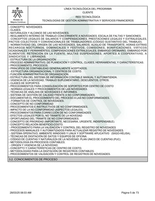 LÍNEA TECNOLÓGICA DEL PROGRAMA
CLIENTE
Modelo de
Mejora Continua
RED TECNOLÓGICA
TECNOLOGÍAS DE GESTIÓN ADMINISTRATIVA Y SERVICIOS FINANCIEROS
- CONCEPTO NOVEDADES.
- CLASES.
- NATURALEZA Y ALCANCE DE LAS NOVEDADES.
- REGLAMENTO INTERNO DE TRABAJO CONCERNIENTE A NOVEDADES, ESCALA DE FALTAS Y SANCIONES.
- CONCEPTOS LEGALES DE SALARIOS Y COMPENSACIONES, PRESTACIONES LEGALES Y EXTRALEGALES,
PACTOS COLECTIVOS Y CONVENCIONALES DE TRABAJADORES (CÓDIGO SUSTANTIVO DEL TRABAJO).
- NORMATIVIDAD DEL ORIGEN DE LAS NOVEDADES, SALARIOS, AUXILIO DE TRANSPORTE, HORAS EXTRAS
RECARGOS NOCTURNOS, DOMINICALES Y FESTIVOS, COMISIONES, BONIFICACIONES, VIÁTICOS
OCASIONALES Y PERMANENTES, COMPENSACIONES EXTRALEGALES, EMBARGO ORDINARIO, EMBARGO POR
ALIMENTOS, RETENCIÓN EN LA FUENTE, MULTAS SUSPENSIONES, APORTES A COOPERATIVAS, A
SINDICATOS Y LIBRANZAS.
- ESTRUCTURA DE LA ORGANIZACIÓN
- PROCESO ADMINISTRATIVO, DE PLANEACIÓN Y CONTROL, CLASES, HERRAMIENTAS, Y CARACTERÍSTICAS.
- PROCEDIMIENTO, PROCESOS.
- PRINCIPIOS DE CONTABILIDAD GENERALMENTE ACEPTADOS.
- ESTRUCTURA ORGANIZACIONAL Y CENTROS DE COSTO.
- FUNCIÓN ADMINISTRATIVA DE ORGANIZACIÓN
- ESTRUCTURA DEL SISTEMA DE INFORMACIÓN CONTABLE MANUAL Y AUTOMATIZADA.
- VIGENCIA DE LA NOVEDAD, TRABAJO SUPLEMENTARIO, DESCUENTOS, OTROS.
- CLASES DE SOPORTES
- PROCEDIMIENTOS PARA CONSOLIDACIÓN DE SOPORTES POR CENTRO DE COSTO
- NORMAS LEGALES Y PROCEDIMIENTOS DE LAS NOVEDADES.
- TÉCNICAS DE ANÁLISIS DE NOVEDADES E INFORMES.
- SISTEMA DE GESTIÓN DE CALIDAD FRENTE A NO CONFORMIDADES.
- DOCUMENTAR EL PROCEDIMIENTO DEL PROCESO A LAS NO CONFORMIDADES.
- FORMATOS DE CONTROL DE NOVEDADES.
- CONCEPTO DE NO CONFORMIDAD
- PROCEDIMIENTOS E INSTRUCTIVOS DE NO CONFORMIDADES.
- IMPACTO DE LA NO CONFORMIDAD (ASPECTOS LEGALES).
- PROCEDIMIENTOS PARA CORRECCIÓN DE NO CONFORMIDADES
- EFECTOS LEGALES POR EL NO TRAMITE DE LA NOVEDAD
- OPORTUNIDAD DEL TRAMITE DE NO CONFORMIDADES.
- CONCEPTO DE PRIORIDAD (IMPORTANTE, NECESARIA, URGENTE, INDISPENSABLE).
- CONCEPTO RELACIÓN BENEFICIO-COSTO.
- PROCEDIMIENTO PARA LA VALIDACIÓN Y CONTROL DEL REGISTRO DE NOVEDADES
- PROCESOS MANUALES Y AUTOMATIZADOS PARA ACTUALIZAR REGISTRO DE NOVEDADES.
- SISTEMA OPERATIVO, AMBIENTE WINDOWS Y LINUX Y SOFTWARE APLICATIVO (SIIGO-HELISA).
- TÉCNICAS DE DIGITACIÓN DE DATOS Y EQUIPOS DE OFICINA.
- CÓDIGO DE CUENTAS Y NATURALEZA DE LA NOVEDAD. PLAN ÚNICO DE CUENTAS (PUC)
- METODOLOGÍA EN PROCESOS CONTABLES.
- ORIGEN Y VIGENCIA DE LA NOVEDAD.
- CONCEPTO Y CARACTERÍSTICAS DE CENTRO DE COSTO.
- METODOLOGÍAS PARA LA DIGITACIÓN DE REGISTROS CONTABLES.
- PROCEDIMIENTOS DE VALIDACIÓN Y CONTROL DE REGISTROS DE NOVEDADES.
3.2. CONOCIMIENTOS DE PROCESO
Página 5 de 73
28/03/25 08:03 AM
 