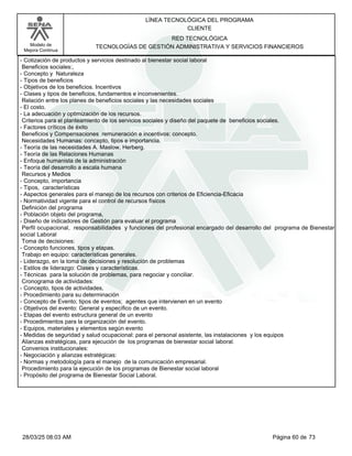 LÍNEA TECNOLÓGICA DEL PROGRAMA
CLIENTE
Modelo de
Mejora Continua
RED TECNOLÓGICA
TECNOLOGÍAS DE GESTIÓN ADMINISTRATIVA Y SERVICIOS FINANCIEROS
-Cotización de productos y servicios destinado al bienestar social laboral
Beneficios sociales:,
-Concepto y Naturaleza
-Tipos de beneficios
-Objetivos de los beneficios. Incentivos
-Clases y tipos de beneficios, fundamentos e inconvenientes.
Relación entre los planes de beneficios sociales y las necesidades sociales
-El costo.
-La adecuación y optimización de los recursos.
Criterios para el planteamiento de los servicios sociales y diseño del paquete de beneficios sociales.
-Factores críticos de éxito
Beneficios y Compensaciones remuneración e incentivos: concepto.
Necesidades Humanas: concepto, tipos e importancia.
-Teoría de las necesidades A. Maslow, Herberg.
-Teoría de las Relaciones Humanas
-Enfoque humanista de la administración
-Teoría del desarrollo a escala humana
Recursos y Medios
-Concepto, importancia
-Tipos, características
-Aspectos generales para el manejo de los recursos con criterios de Eficiencia-Eficacia
-Normatividad vigente para el control de recursos físicos
Definición del programa
-Población objeto del programa,
-Diseño de indicadores de Gestión para evaluar el programa
Perfil ocupacional, responsabilidades y funciones del profesional encargado del desarrollo del programa de Bienestar
social Laboral
Toma de decisiones:
-Concepto funciones, tipos y etapas.
Trabajo en equipo: características generales.
-Liderazgo, en la toma de decisiones y resolución de problemas
-Estilos de liderazgo: Clases y características.
-Técnicas para la solución de problemas, para negociar y conciliar.
Cronograma de actividades:
-Concepto, tipos de actividades,
-Procedimiento para su determinación
-Concepto de Evento; tipos de eventos; agentes que intervienen en un evento
-Objetivos del evento: General y específico de un evento.
-Etapas del evento estructura general de un evento
-Procedimientos para la organización del evento.
-Equipos, materiales y elementos según evento
-Medidas de seguridad y salud ocupacional: para el personal asistente, las instalaciones y los equipos
Alianzas estratégicas, para ejecución de los programas de bienestar social laboral.
Convenios institucionales:
-Negociación y alianzas estratégicas:
-Normas y metodología para el manejo de la comunicación empresarial.
Procedimiento para la ejecución de los programas de Bienestar social laboral
-Propósito del programa de Bienestar Social Laboral.
Página 60 de 73
28/03/25 08:03 AM
 