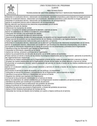 LÍNEA TECNOLÓGICA DEL PROGRAMA
CLIENTE
Modelo de
Mejora Continua
RED TECNOLÓGICA
TECNOLOGÍAS DE GESTIÓN ADMINISTRATIVA Y SERVICIOS FINANCIEROS
Interpretar el vocabulario técnico, relacionado con el protocolo, identidad corporativa y para describir la imagen personal.
Aplicar el vocabulario técnico, relacionado con el protocolo, identidad corporativa y para describir la imagen personal.
Interpretar el vocabulario técnico, relacionado con la elaboración de correspondencia.
Aplicar el vocabulario técnico para la elaboración de correspondencia.
Brindar atención que favorezca las relaciones empresariales con el cliente:
-Identificar los tipos de clientes
-Diferenciar los momentos de verdad
-Aplicar momentos de verdad estelares en la atención y servicio al cliente
Aplicar los estándares de calidad en la atención personalizada
-Interpretar las normas y los estándares de calidad
-Identificar las estrategias de atención personalizada
-Seleccionar la estrategia de atención personalizada, de acuerdo con los requerimientos del cliente.
Prestar servicio de acuerdo con los requerimientos de los clientes, el protocolo y las reglamentaciones respectivas.
-Aplicar las reglamentaciones institucionales para la atención y el servicio
Interpretar el vocabulario técnico, relacionado con la atención que favorezca las relaciones empresariales con el cliente.
Aplicar el vocabulario técnico, relacionado con la atención que favorezca las relaciones empresariales con el cliente.
Suministrar la información requerida por el cliente de acuerdo con los lineamientos y procesos de la Organización.
-Identificar el tipo de información que maneja la Organización
-Interpretar la información requerida por el cliente
-Aplicar las normas, procesos y políticas de la Organización
-Aplicar los procedimientos de atención de acuerdo con el SCM, cadena de suministro.
Prestar servicio al cliente a través de los medios tecnológicos establecidos por la Organización, aplicando el protocolo y
las reglamentaciones respectivas.
-Identificar los medios establecidos por la Organización a través de los cuales se presta atención y servicio al cliente.
-Emplear los medios establecidos por la Organización a través de los cuales se presta atención y servicio al cliente.
Comprender el vocabulario técnico, para la prestación del servicio al cliente a través de los medios establecidos por la
Organización.
Aplicar el vocabulario técnico, para prestar atención y servicio al cliente a través de los medios establecidos por la
Organización.
Documentar el servicio al cliente de acuerdo con las políticas y la trazabilidad
-Interpretar el manual de procesos y procedimientos de la Organización, para el servicio al cliente.
-Identificar la secuencia histórica o trazabilidad del servicio al cliente
-Registrar los clientes que ingresan a la Organización
-Conservar la documentación relacionada con el servicio al cliente
Aplicar los estándares de calidad establecidos por la Organización durante la atención y el servicio al cliente.
-Identificar las partes que constituyen el portafolio de servicios
-Identificar el protocolo para la elaboración del portafolio de servicios
-Aplicar el protocolo en la elaboración del portafolio de servicios
-Identificar los servicios que presta la Organización, a través del portafolio de servicios.
-Aplicar el SAV (Sistema Automatizad de Ventas) de hoy
-Interpretar las normas de Gestión de la Calidad, en cuanto a mejora continua en el servicio.
Página 67 de 73
28/03/25 08:03 AM
 