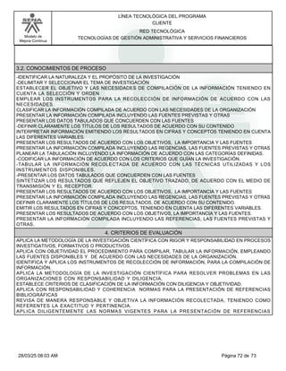 LÍNEA TECNOLÓGICA DEL PROGRAMA
CLIENTE
Modelo de
Mejora Continua
RED TECNOLÓGICA
TECNOLOGÍAS DE GESTIÓN ADMINISTRATIVA Y SERVICIOS FINANCIEROS
3.2. CONOCIMIENTOS DE PROCESO
-IDENTIFICAR LA NATURALEZA Y EL PROPÓSITO DE LA INVESTIGACIÓN
-DELIMITAR Y SELECCIONAR EL TEMA DE INVESTIGACIÓN
ESTABLECER EL OBJETIVO Y LAS NECESIDADES DE COMPILACIÓN DE LA INFORMACIÓN TENIENDO EN
CUENTA LA SELECCIÓN Y ORDEN
EMPLEAR LOS INSTRUMENTOS PARA LA RECOLECCIÓN DE INFORMACIÓN DE ACUERDO CON LAS
NECESIDADES.
CLASIFICAR LA INFORMACIÓN COMPILADA DE ACUERDO CON LAS NECESIDADES DE LA ORGANIZACIÓN
PRESENTAR LA INFORMACIÓN COMPILADA INCLUYENDO LAS FUENTES PREVISTAS Y OTRAS
PRESENTAR LOS DATOS TABULADOS QUE CONCUERDEN CON LAS FUENTES
-DEFINIR CLARAMENTE LOS TÍTULOS DE LOS RESULTADOS DE ACUERDO CON SU CONTENIDO
INTERPRETAR INFORMACIÓN EMITIENDO LOS RESULTADOS EN CIFRAS Y CONCEPTOS TENIENDO EN CUENTA
LAS DIFERENTES VARIABLES.
PRESENTAR LOS RESULTADOS DE ACUERDO CON LOS OBJETIVOS, LA IMPORTANCIA Y LAS FUENTES
PRESENTAR LA INFORMACIÓN COMPILADA INCLUYENDO LAS REGENCIAS, LAS FUENTES PREVISTAS Y OTRAS
PLANEAR LA TABULACIÓN INCLUYENDO LA INFORMACIÓN DE ACUERDO CON LAS CATEGORÍAS DEFINIDAS.
-CODIFICAR LA INFORMACIÓN DE ACUERDO CON LOS CRITERIOS QUE GUÍAN LA INVESTIGACIÓN.
-TABULAR LA INFORMACIÓN RECOLECTADA DE ACUERDO CON LAS TÉCNICAS UTILIZADAS Y LOS
INSTRUMENTOS DISPONIBLES.
-PRESENTAR LOS DATOS TABULADOS QUE CONCUERDEN CON LAS FUENTES
SINTETIZAR LOS RESULTADOS QUE REFLEJEN EL OBJETIVO TRAZADO, DE ACUERDO CON EL MEDIO DE
TRANSMISIÓN Y EL RECEPTOR.
PRESENTAR LOS RESULTADOS DE ACUERDO CON LOS OBJETIVOS, LA IMPORTANCIA Y LAS FUENTES
PRESENTAR LA INFORMACIÓN COMPILADA INCLUYENDO LAS REGENCIAS, LAS FUENTES PREVISTAS Y OTRAS
DEFINIR CLARAMENTE LOS TÍTULOS DE LOS RESULTADOS, DE ACUERDO CON SU CONTENIDO.
EMITIR LOS RESULTADOS EN CIFRAS Y CONCEPTOS, TENIENDO EN CUENTA LAS DIFERENTES VARIABLES.
PRESENTAR LOS RESULTADOS DE ACUERDO CON LOS OBJETIVOS, LA IMPORTANCIA Y LAS FUENTES.
PRESENTAR LA INFORMACIÓN COMPILADA INCLUYENDO LAS REFERENCIAS, LAS FUENTES PREVISTAS Y
OTRAS.
4. CRITERIOS DE EVALUACIÓN
APLICA LA METODOLOGÍA DE LA INVESTIGACIÓN CIENTÍFICA CON RIGOR Y RESPONSABILIDAD EN PROCESOS
INVESTIGATIVOS, FORMATIVOS O PRODUCTIVOS.
APLICA CON OBJETIVIDAD EL PROCEDIMIENTO PARA COMPILAR, TABULAR LA INFORMACIÓN, EMPLEANDO
LAS FUENTES DISPONIBLES Y DE ACUERDO CON LAS NECESIDADES DE LA ORGANIZACIÓN.
IDENTIFICA Y APLICA LOS INSTRUMENTOS DE RECOLECCIÓN DE INFORMACIÓN, PARA LA COMPILACIÓN DE
INFORMACIÓN.
APLICA LA METODOLOGÍA DE LA INVESTIGACIÓN CIENTÍFICA PARA RESOLVER PROBLEMAS EN LAS
ORGANIZACIONES CON RESPONSABILIDAD Y DILIGENCIA.
ESTABLECE CRITERIOS DE CLASIFICACIÓN DE LA INFORMACIÓN CON DILIGENCIA Y OBJETIVIDAD.
APLICA CON RESPONSABILIDAD Y COHERENCIA NORMAS PARA LA PRESENTACIÓN DE REFERENCIAS
BIBLIOGRÁFICAS
REVISA DE MANERA RESPONSABLE Y OBJETIVA LA INFORMACIÓN RECOLECTADA, TENIENDO COMO
REFERENTES LA EXACTITUD Y PERTINENCIA.
APLICA DILIGENTEMENTE LAS NORMAS VIGENTES PARA LA PRESENTACIÓN DE REFERENCIAS
Página 72 de 73
28/03/25 08:03 AM
 