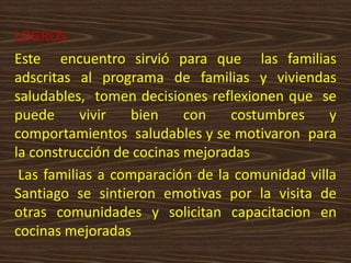 LOGROS
Este encuentro sirvió para que las familias
adscritas al programa de familias y viviendas
saludables, tomen decisiones reflexionen que se
puede      vivir  bien     con   costumbres     y
comportamientos saludables y se motivaron para
la construcción de cocinas mejoradas
 Las familias a comparación de la comunidad villa
Santiago se sintieron emotivas por la visita de
otras comunidades y solicitan capacitacion en
cocinas mejoradas
 