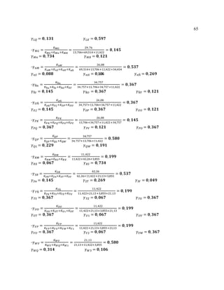 65
𝛾 𝐿𝑄 = 𝟎, 𝟏𝟑𝟏 𝛾 𝐿𝐾 = 𝟎, 𝟓𝟗𝟕
-𝛾 𝑀𝐺 =
𝐾 𝑀𝐺
𝐾 𝑀𝐺+𝐾 𝑀𝑛+𝐾 𝑀𝑅
=
29,76
13,706+69,514+11,422
= 𝟎, 𝟏𝟒𝟓
𝛾 𝑀𝑛 = 𝟎, 𝟕𝟑𝟒 𝛾 𝑀𝑅 = 𝟎, 𝟏𝟐𝟏
-𝛾 𝑛𝑀 =
𝐾 𝑛𝑀
𝐾 𝑛𝑀+𝐾 𝑛𝑆+𝐾 𝑛𝐻+𝐾 𝑛Ñ
=
26,08
69,514+13,706+11,422+34,454
= 𝟎, 𝟓𝟑𝟕
𝛾 𝑛𝑆 = 𝟎, 𝟎𝟖𝟖 𝛾 𝑛𝐻 = 𝟎,106 𝛾 𝑛Ñ = 𝟎, 𝟐𝟔𝟗
-𝛾Ñ𝑛 =
𝐾Ñ𝑛
𝐾Ñ𝑛+𝐾Ñ𝐼+𝐾Ñ𝑂+𝐾Ñ𝑇
=
34,757
34,757+13,706+34,757+11,422
= 𝟎, 𝟑𝟔𝟕
𝛾Ñ𝐼 = 𝟎, 𝟏𝟒𝟓 𝛾Ñ𝑂 = 𝟎, 𝟑𝟔𝟕 𝛾Ñ𝑇 = 𝟎, 𝟏𝟐𝟏
-𝛾 𝑂Ñ =
𝐾 𝑂Ñ
𝐾 𝑂Ñ+𝐾 𝑂𝐽+𝐾 𝑂𝑃+𝐾 𝑂𝑈
=
26,08
34,757+13,706+34,757+11,422
= 𝟎, 𝟑𝟔𝟕
𝛾 𝑂𝐽 = 𝟎, 𝟏𝟒𝟓 𝛾 𝑂𝑃 = 𝟎, 𝟑𝟔𝟕 𝛾 𝑂𝑈 = 𝟎, 𝟏𝟐𝟏
-𝛾 𝑃𝐾 =
𝐾 𝑃𝐾
𝐾 𝑃𝐾+𝐾 𝑃𝑄+𝐾 𝑃𝑂+𝐾 𝑃𝑉
=
26,08
13,706+34,757+11,422+34,757
= 𝟎, 𝟏𝟒𝟓
𝛾 𝑃𝑄 = 𝟎, 𝟑𝟔𝟕 𝛾 𝑃𝑉 = 𝟎, 𝟏𝟐𝟏 𝛾 𝑃𝑂 = 𝟎, 𝟑𝟔𝟕
-𝛾 𝑄𝑃 =
𝐾 𝑄𝑃
𝐾 𝑄𝑃+𝐾 𝑄𝐿+𝐾 𝑄𝑊
=
34,757
34,757+13,706+11,422
= 𝟎, 𝟓𝟖𝟎
𝛾 𝑄𝐿 = 𝟎, 𝟐𝟐𝟗 𝛾 𝑄𝑊 = 𝟎, 𝟏𝟗𝟏
-𝛾 𝑅𝑀 =
𝐾 𝑅𝑀
𝐾 𝑅𝑀+𝐾 𝑅𝑆+𝐾 𝑅𝑋
=
11,422
11,422+42,26+3,855
= 𝟎, 𝟏𝟗𝟗
𝛾 𝑅𝑋 = 𝟎, 𝟎𝟔𝟕 𝛾 𝑅𝑆 = 𝟎, 𝟕𝟑𝟒
-𝛾 𝑆𝑅 =
𝐾 𝑆𝑅
𝐾 𝑆𝑅+𝐾 𝑆𝑛+𝐾 𝑆𝑇+𝐾 𝑆𝑌
=
42,26
42,26+11,422+21,13+3,855
= 𝟎, 𝟓𝟑𝟕
𝛾 𝑆𝑛 = 𝟎, 𝟏𝟒𝟓 𝛾 𝑆𝑇 = 𝟎, 𝟐𝟔𝟗 𝛾 𝑆𝑌 = 𝟎, 𝟎𝟒𝟗
-𝛾 𝑇Ñ =
𝐾 𝑇Ñ
𝐾 𝑇Ñ+𝐾 𝑇𝑆+𝐾 𝑇𝑍+𝐾 𝑇𝑈
=
11,422
11,422+21,13+3,855+21,13
= 𝟎, 𝟏𝟗𝟗
𝛾 𝑇𝑆 = 𝟎, 𝟑𝟔𝟕 𝛾 𝑇𝑍 = 𝟎, 𝟎𝟔𝟕 𝛾 𝑇𝑈 = 𝟎, 𝟑𝟔𝟕
-𝛾 𝑈𝑂 =
𝐾 𝑈𝑂
𝐾 𝑈𝑂+𝐾 𝑈𝑇+𝐾 𝑈1+𝐾 𝑈𝑉
=
11,422
11,422+21,13+3,855+21,13
= 𝟎, 𝟏𝟗𝟗
𝛾 𝑈𝑇 = 𝟎, 𝟑𝟔𝟕 𝛾 𝑈1 = 𝟎, 𝟎𝟔𝟕 𝛾 𝑈𝑉 = 𝟎, 𝟑𝟔𝟕
-𝛾 𝑉𝑃 =
𝐾 𝑉𝑃
𝐾 𝑉𝑃+𝐾 𝑉𝑈+𝐾 𝑉𝑊+𝐾 𝑉2
=
11,422
11,422+21,13+3,855+21,13
= 𝟎, 𝟏𝟗𝟗
𝛾 𝑉𝑈 = 𝟎, 𝟑𝟔𝟕 𝛾 𝑉2 = 𝟎, 𝟎𝟔𝟕 𝛾 𝑉𝑊 = 𝟎, 𝟑𝟔𝟕
-𝛾 𝑊𝑉 =
𝐾 𝑊𝑉
𝐾 𝑊𝑉+𝐾 𝑊𝑄+𝐾 𝑊3
=
21,13
21,13+11,422+3,855
= 𝟎, 𝟓𝟖𝟎
𝛾 𝑊𝑄 = 𝟎, 𝟑𝟏𝟒 𝛾 𝑊3 = 𝟎, 𝟏𝟎𝟔
 