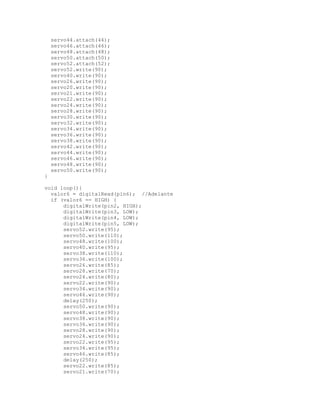 servo44.attach(44);
servo46.attach(46);
servo48.attach(48);
servo50.attach(50);
servo52.attach(52);
servo52.write(90);
servo40.write(90);
servo26.write(90);
servo20.write(90);
servo21.write(90);
servo22.write(90);
servo24.write(90);
servo28.write(90);
servo30.write(90);
servo32.write(90);
servo34.write(90);
servo36.write(90);
servo38.write(90);
servo42.write(90);
servo44.write(90);
servo46.write(90);
servo48.write(90);
servo50.write(90);
}
void loop(){
valor6 = digitalRead(pin6); //Adelante
if (valor6 == HIGH) {
digitalWrite(pin2, HIGH);
digitalWrite(pin3, LOW);
digitalWrite(pin4, LOW);
digitalWrite(pin5, LOW);
servo52.write(95);
servo50.write(110);
servo48.write(100);
servo40.write(95);
servo38.write(110);
servo36.write(100);
servo26.write(85);
servo28.write(70);
servo24.write(80);
servo22.write(90);
servo34.write(90);
servo46.write(90);
delay(250);
servo50.write(90);
servo48.write(90);
servo38.write(90);
servo36.write(90);
servo28.write(90);
servo24.write(90);
servo22.write(95);
servo34.write(95);
servo46.write(85);
delay(250);
servo22.write(85);
servo21.write(70);
 