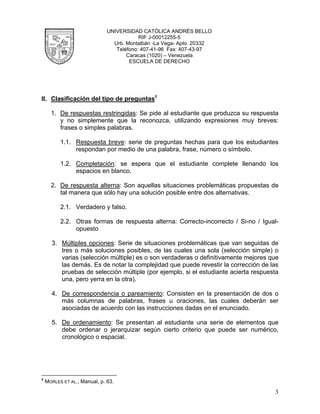 UNIVERSIDAD CATÓLICA ANDRÉS BELLO
                                          RIF J-00012255-5
                                Urb. Montalbán -La Vega- Apto. 20332
                                 Teléfono: 407-41-96 Fax: 407-43-97
                                     Caracas (1020) – Venezuela
                                      ESCUELA DE DERECHO




II. Clasificación del tipo de preguntas6

      1. De respuestas restringidas: Se pide al estudiante que produzca su respuesta
         y no simplemente que la reconozca, utilizando expresiones muy breves:
         frases o simples palabras.

          1.1. Respuesta breve: serie de preguntas hechas para que los estudiantes
               respondan por medio de una palabra, frase, número o símbolo.

          1.2. Completación: se espera que el estudiante complete llenando los
               espacios en blanco.

      2. De respuesta alterna: Son aquellas situaciones problemáticas propuestas de
         tal manera que sólo hay una solución posible entre dos alternativas.

          2.1. Verdadero y falso.

          2.2. Otras formas de respuesta alterna: Correcto-incorrecto / Si-no / Igual-
               opuesto

      3. Múltiples opciones: Serie de situaciones problemáticas que van seguidas de
         tres o más soluciones posibles, de las cuales una sola (selección simple) o
         varias (selección múltiple) es o son verdaderas o definitivamente mejores que
         las demás. Es de notar la complejidad que puede revestir la corrección de las
         pruebas de selección múltiple (por ejemplo, si el estudiante acierta respuesta
         una, pero yerra en la otra).

      4. De correspondencia o pareamiento: Consisten en la presentación de dos o
         más columnas de palabras, frases u oraciones, las cuales deberán ser
         asociadas de acuerdo con las instrucciones dadas en el enunciado.

      5. De ordenamiento: Se presentan al estudiante una serie de elementos que
         debe ordenar o jerarquizar según cierto criterio que puede ser numérico,
         cronológico o espacial.




6
    MORLES ET AL., Manual, p. 63.

                                                                                     3
 