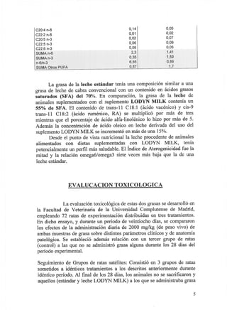 C20A n-6                                     0,14             0,05
C22:2 n-6                                    0,01             0,02
C20:5 n-3                                    0,02             0,07
C22:5 n-3                                    0,05             0,09
C22:6 n-3                                    0,05             0,05
SUMA n-6                                      2,3             1,41
SUMA n-3                                     0,35             1,59
n-6/n-3                                      6,55             0,89
SUMA Otros PUF A                             0,57               12


       La grasa de la leche estándar tenía una composición similar a una
grasa de leche de cabra convencional con un contenido en ácidos grasos
saturados (SFA) del 70%. En comparación, la grasa de la leche de
animales suplementados con el suplemento LODYN MILK contenía un
55%    de SFA. El contenido de trans-ll C 18:1 (ácido vacénico) y cis-9
trans-ll C18:2 (ácido ruménico, RA) se multiplicó por más de tres
mientras que el porcentaje de ácido alfa-linolénico lo hizo por más de 5.
Además la concentración de ácido oleico en leche derivada del uso del
suplemento LODYN MILK se incrementó en más de una 15%.
        Desde el punto de vista nutricional la leche procedente de animales
alimentados con dietas suplementadas con LODYN MILK, tenía
potencialmente un perfil más saludable. El Índice de Aterogenicidad fue la
mitad y la relación omega6/omega3 siete veces más baja que la de una
 leche estándar.



                   EVALUCACION TOXICOLOGICA


             La evaluación toxicológica de estas dos grasas se desarrolló en
la Facultad de Veterinaria de la Universidad Complutense de Madrid,
empleando 72 ratas de experimentación distribuidas en tres tratamientos.
En dicho ensayo, y durante un periodo de veintiocho días, se compararon
los efectos de la administración diaria de 2000 mg/kg (de peso vivo) de
ambas muestras de grasa sobre distintos parámetros clínicos y de anatomía
patológica. Se estableció además relación con un tercer grupo de ratas
(control) a las que no se administró grasa alguna durante los 28 días del
periodo experimental.

 Seguimiento de Grupos de ratas satélites: Consistió en 3 grupos de ratas
 sometidos a idénticos tratamientos a los descritos anteriormente durante
 idéntico periodo. Al final de los 28 días, los animales no se sacrificaron y
 aquellos (estándar y leche LODYN MILK) a los que se administraba grasa

                                                                            5
 