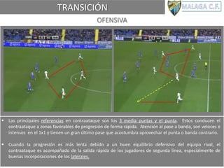 TRANSICIÓN
OFENSIVA
 Las principales referencias en contraataque son los 3 media puntas y el punta. Estos conducen el
contraataque a zonas favorables de progresión de forma rápida. Atención al pase a banda, son veloces e
intensos en el 1x1 y tienen un gran último pase que acostumbra aprovechar el punta o banda contrario.
 Cuando la progresión es más lenta debido a un buen equilibrio defensivo del equipo rival, el
contraataque es acompañado de la salida rápida de los jugadores de segunda línea, especialmente de
buenas incorporaciones de los laterales.
 