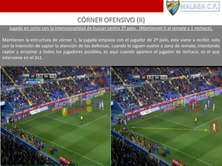 CÓRNER OFENSIVO (II)
Jugada en corto con la intencionalidad de buscar centro 2º palo. (Mantienen 5 al remate y 1 rechace).
Mantienen la estructura de córner 1, la jugada empieza con el jugador de 2º palo, este viene a recibir, solo
con la intención de captar la atención de los defensas, cuando le siguen vuelve a zona de remate, intentando
captar y arrastrar a todos los jugadores posibles, es aquí cuando aparece el jugador de rechace, es el que
interviene en el 2x1.
 