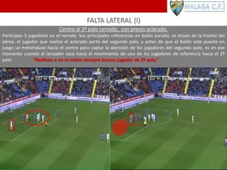 FALTA LATERAL (I)
Centro al 2º palo cerrado, con previo aclarado.
Participan 5 jugadores en el remate. Sus principales referencias en balón parado, se sitúan en la frontal del
aérea, el jugador que realiza el aclarado parte del segundo palo, y antes de que el balón este puesto en
juego va metiéndose hacia el centro para captar la atención de los jugadores del segundo palo, es en ese
momento cuando el lanzador saca hacia el movimiento de uno de los jugadores de referencia hacia el 2º
palo. “Realicen o no el aclaro siempre buscan jugador de 2º palo.”
 