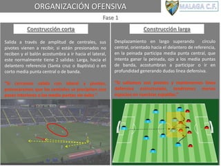 ORGANIZACIÓN OFENSIVA
Fase 1
Construcción corta Construcción larga
Salida a través de amplitud de centrales, sus
pivotes vienen a recibir, si están presionados no
reciben y el balón acostumbra a ir hacia el lateral,
este normalmente tiene 2 salidas: Larga, hacia el
delantero referencia (Santa cruz o Baptista) o en
corto media punta central o de banda.
“Si cerramos salida con lateral y pivotes,
provocaremos que los centrales se precipiten con
pases interiores a los media puntas sin éxito ”
Desplazamiento en largo superando círculo
central, orientado hacia el delantero de referencia,
en la peinada participa media punta central, que
intenta ganar la peinada, ojo a los media puntas
de banda, acostumbran a participar o ir en
profundidad generando dudas línea defensiva.
“Si saltamos con pivotes y mantenemos línea
defensiva estructurada, tendremos menos
espacios en nuestras espaldas.”
 