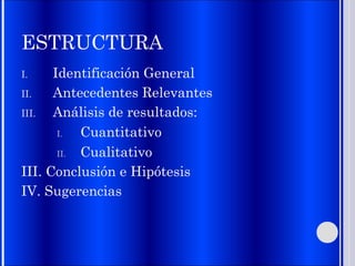 ESTRUCTURA
I. Identificación General
II. Antecedentes Relevantes
III. Análisis de resultados:
I. Cuantitativo
II. Cualitativo
III. Conclusión e Hipótesis
IV. Sugerencias
 
