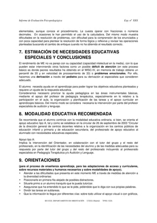Informe de Evaluación Psicopedagógica                                                                          Exp. nº  XXX



elementales,   aunque   conoce   el   procedimiento.   Le   cuesta   operar   con   fracciones   o   números 
decimales.     En   ocasiones   le   han   permitido   el   uso   de   la   calculadora.   Del   mismo   modo   muestra 
dificultades en la resolución de problemas, con dificultad para la comprensión de los enunciados y 
con poca capacidad para plantear la resolución de forma lógica y reflexiva y revisar las operaciones 
planteadas buscando el cambio de enfoque cuando no ha obtenido el resultado correcto. 


7. ESTIMACIÓN DE NECESIDADES EDUCATIVAS 
   ESPECIALES Y CONCLUSIONES
El rendimiento de ME no va parejo con su capacidad (capacidad intelectual en la media), con lo que 
pueden   estar  interviniendo   otros  factores  como   un   posible  déficit  de   atención  (en   este   proceso 
básico es donde peores resultados ha obtenido en el WISC­IV, en memoria de trabajo obtiene un 
percentil   de   20   y   en   velocidad   de   procesamiento   de   33)   o  problemas   emocionales.   Por   ello, 
hacemos una  derivación  a través del  pediatra  para su derivación al especialista que consideren 
adecuado.

El alumno  necesita ayuda en el aprendizaje para poder lograr los objetivos educativos planteados y 
requiere un ajuste de la respuesta educativa.
Consideramos   necesario   priorizar   la   ayuda   pedagógica   en   las   áreas   instrumentales   básicas, 
mediante   el   apoyo   del   profesor   de   pedagogía   terapéutica,   especialmente   en   lo   relativo   a   la 
participación   en   el   aula,   la   organización   y   planificación   de   las   tareas   y   el   apoyo   curricular   en 
aprendizajes básicos. Del mismo modo se considera  necesaria la intervención por parte del profesor 
especialista de audición y lenguaje.  


8. MODALIDAD EDUCATIVA RECOMENDADA
Se recomienda que el alumno continúe con la modalidad educativa ordinaria, si bien, se orienta el 
apoyo educativo tipo A, tal y como se establece en la circular de 26 de septiembre de 2003 “Circular 
de la dirección general de centros docentes relativa a la organización en los centros públicos de 
educación   infantil   y   primaria   y   de   educación   secundaria,   del   profesorado   de   apoyo   educativo   al 
alumnado con necesidades educativas especiales.

Apoyo tipo A:
Implica   la   intervención   del   Orientador,   en   colaboración   con   el   tutor   del   grupo   y   el   resto   del 
profesorado, en la identificación de las necesidades del alumno y de las medidas adecuadas para su 
respuesta   por   parte   del   tutor   del   grupo   y   del   resto   del   profesorado   incluyendo   al   profesorado 
especialista en Pedagogía Terapéutica y/o Audición y Lenguaje. 


9. ORIENTACIONES
(para el proceso de enseñanza aprendizaje, para las adaptaciones de acceso y curriculares, 
sobre recursos materiales y humanos necesarios y sobre modalidades de apoyo).
• Atender a las dificultades que presenta en este momento ME a través de medidas de atención a 
    la diversidad ordinarias:
• Posicionarle en primera fila alejado de posibles distractores.
• Situarle primo a un alumno tranquilo que le pueda tutorizar.
• Asegurarse que ha entendido lo que se le pide, pidiéndole que lo diga con sus propias palabras.
• Dividir las tareas en subtareas.
• Que la información le llegue por diferentes vías: sobre todo utilizar el apoyo visual o con gráficos, 

                           IES XXX. DEPARTAMENTO DE ORIENTACIÓN      C/XXX (Madrid)      TFNO. XXX
 
