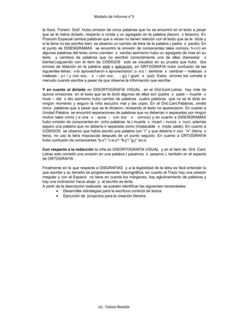 Modelo de Informe n°3
la Asoc. Fonem. Graf. Hubo omisión de cinco palabras que no se encontró en el texto a pesar
que se le había dictado, respecto a Unida y un agregado en la palabra (tesoro x tessoro). En
Posición Espacial cambia palabras que a veces no tienen relación con el texto que se le dicta y
si la tiene no las escribe bien, se observo un cambio de letra de la palabra ( padre x parde). En
el punto de DISENGRAMAS se encontró la omisión de consonantes tales como(s- h-r-n) en
algunas palabras del texto como (vendan x venda) asimismo hubo un agregado de mas en su
texto y cambios de palabras que no escribió correctamente una de ellas (bienestar x
bientar).siguiendo con el ítem de CODIGOS solo se visualizo en su prueba que hubo dos
errores de tildación en la palabra está y aplicación, en ORTOGRAFIA hubo confusión de las
siguientes letras : v-b/ aprovecharon x aprovecharon ;c- s-z / sembrar x cembrar – malezas x
malesas ; y-i / y con voz.. x i con voz.. ; g-j / gozó x jozó. Estos errores los comete a
menudo cuando escribe a pesar de que observa la información que escribe.
Y en cuanto al dictado en DISORTOGRAFIA VISUAL en el Ord-Cant.Letras hay más de
quince omisiones en el texto que se le dictó algunas de ellas son (padre x pade – muerte x
muer – del x de) asimismo hubo cambio de palabras cuatro palabras que no se le dicto en
ningún momento y seguro la niña escucho mal y las copio. En el Ord.Cant.Palabras, omitió
cinco palabras que a pesar que se le dictaron, revisando el texto no aparecieron. En cuanto a
Unidad Palabra se encontró separaciones de palabras que no deberían ir separadas por ningún
motivo tales como ( a una x auna - con voz x convoz) y en cuanto a DISENGRAMAS
hubo omisión de consonantes en ocho palabras la ( muerte x muert – nunca x nun), además
separo una palabra que no debería ir separada como (implacable x impla cable). En cuanto a
CODIGOS se observo que había escrito una palabra con ”r” y que debería ir con “rr” (tierra x
tiera), no uso la letra mayúscula después de un punto seguido. En cuanto a ORTOGRAFIA
hubo confusión de consonantes “b-v”/ “c-s-z”/ “ll-y”/ “g-j” /sc-s.
Con respecto a la redacción la niña en DISORTOGRAFIA VISUAL y en el ítem de Ord. Cant.
Letras solo cometió una omisión en una palabra ( pasamos x pasamo ), también en el aspecto
de ORTOGRAFIA .
Finalmente en lo que respecta a DISGRAFIAS y a la legibilidad de la letra es fácil entender lo
que escribe y su tamaño es progresivamente macrográfica, en cuanto al Trazo hay una presión
irregular y con el Espacio no tiene en cuenta los márgenes, hay aglutinamiento de palabras y
hay una inclinación hacia abajo y al escribir es lenta.
A partir de la descripción realizada se pueden identificar las siguientes necesidades.
• Desarrollar estrategias para la escritura correcta de textos
• Ejecución de proyectos para la creación literaria
Lic. Tolosa Natalia
 