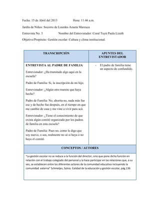 Fecha: 15 de Abril del 2013 Hora: 11:46 a.m.
Jardín de Niños: Socorro de Lourdes Azueta Marzuca
Entrevista No. 3 Nombre del Entrevistador: Coral Tuyú Paula Lizeth
Objetivo/Propósito: Gestión escolar: Cultura y clima institucional.
TRANSCRIPCIÓN APUNTES DEL
ENTREVISTADOR
ENTREVISTA AL PADRE DE FAMILIA
Entrevistador: ¿Ha tramitado algo aquí en la
escuela?
Padre de Familia: Si, la inscripción de mi hijo.
Entrevistador: ¿Algún otro tramite que haya
hecho?
Padre de Familia: No, ahorita no, nada más fue
ese y de hecho fue después, en el tiempo en que
me cambie de casa y me vine a vivir para acá.
Entrevistador: ¿Tiene el conocimiento de que
exista algún comité organizado por los padres
de familia en esta escuela?
Padre de Familia: Pues no, como le digo que
soy nuevo, o sea, realmente no sé si haya o no
haya el comité.
- El padre de familia tiene
un aspecto de confundido.
CONCEPTOS / AUTORES
“La gestión escolar no se reduce a la función del director, sino que pone dicha función en
relación con el trabajo colegiado del personal y la hace participar en las relaciones que, a su
vez, se establecen entre los diferentes actores de la comunidad educativa incluyendo la
comunidad externa” Schmeljes, Sylvia. Calidad de la educación y gestión escolar, pág.136
 