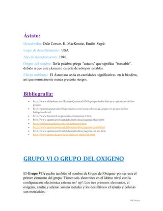 PÁGINA 10
Ástato:
Descubridor: Dale Corson, K. MacKenzie, Emilio Segrè.
Lugar de descubrimiento: USA.
Año de descubrimiento: 1940.
Origen del nombre: De la palabra griega "astatos" que significa "inestable",
debido a que este elemento carecía de isótopos estables.
Efecto ambiental: El Ástato no se da en cantidades significativas en la biosfera,
así que normalmente nunca presenta riesgos.
Bibliografía:
 http://www.slideshare.net/TrabajoQuimicaSCNR/propiedades-fisicas-y-quimicas-de-los-
grupos
 http://quimicaparatodos.blogcindario.com/2009/08/00044-grupo-vii-grupo-de-los-
halogenos.html
 http://www.lenntech.es/periodica/elementos/f.htm
 http://www.quimicaweb.net/tablaperiodica/paginas/fluor.htm
 http://adriquim.galeon.com/cvitae1832005.htm
 http://www.quimicaweb.net/tablaperiodica/paginas/yodo.html
 http://www.quimicaweb.net/tablaperiodica/paginas/astato.htm
 http://www.atsdr.cdc.gov/es/toxfaqs/es_tfacts158.html
GRUPO VI O GRUPO DEL OXIGENO
El Grupo VIA recibe también el nombre de Grupo del Oxígeno por ser este el
primer elemento del grupo. Tienen seis electrones en el último nivel con la
configuración electrónica externa ns2 np4. Los tres primeros elementos, el
oxígeno, azufre y selenio son no metales y los dos últimos el telurio y polonio
son metaloides.
 