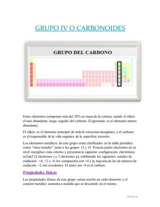PÁGINA 28
GRUPO IV O CARBONOIDES
Estos elementos componen más del 28% en masa de la corteza, siendo el silicio
el más abundante, luego seguido del carbono. El germanio es el elemento menos
abundante.
El silicio es el elemento principal de toda la estructura inorgánica y el carbono
es el responsable de la vida orgánica de la superficie terrestre.
Los elementos metálicos de este grupo están clasificados en la tabla periódica
como “otros metales” junto a los grupos 13 y 15. Poseen cuatro electrones en su
nivel energético más externo y presentan la siguiente configuración electrónica:
ns2np2 (2 electrones s y 2 electrones p), exhibiendo los siguientes estados de
oxidación: +4, +2 y -4: los compuestos con +4 y la mayoría de los de número de
oxidación +2 son covalentes. El único ion -4 es el carburo.
Propiedades físicas
Las propiedades físicas de este grupo varían mucho en cada elemento y el
carácter metálico aumenta a medida que se desciende en el mismo.
 