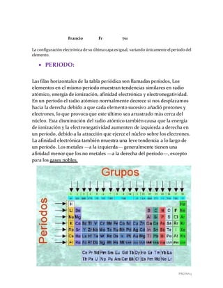PÁGINA 3
Francio Fr 7s1
La configuración electrónica de su última capa es igual, variando únicamente el periodo del
elemento.
 PERIODO:
Las filas horizontales de la tabla periódica son llamadas períodos, Los
elementos en el mismo período muestran tendencias similares en radio
atómico, energía de ionización, afinidad electrónica y electronegatividad.
En un período el radio atómico normalmente decrece si nos desplazamos
hacia la derecha debido a que cada elemento sucesivo añadió protones y
electrones, lo que provoca que este último sea arrastrado más cerca del
núcleo. Esta disminución del radio atómico también causa que la energía
de ionización y la electronegatividad aumenten de izquierda a derecha en
un período, debido a la atracción que ejerce el núcleo sobre los electrones.
La afinidad electrónica también muestra una leve tendencia a lo largo de
un período. Los metales —a la izquierda— generalmente tienen una
afinidad menor que los no metales —a la derecha del período—, excepto
para los gases nobles.
 
