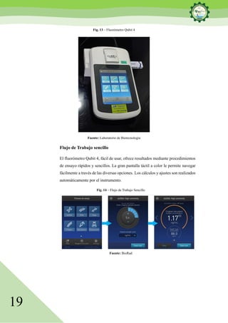 19
Fig. 13 – Fluorómetro Qubit 4
Fuente: Laboratorio de Biotecnología
Flujo de Trabajo sencillo
El fluorómetro Qubit 4, fácil de usar, ofrece resultados mediante procedimientos
de ensayo rápidos y sencillos. La gran pantalla táctil a color le permite navegar
fácilmente a través de las diversas opciones. Los cálculos y ajustes son realizados
automáticamente por el instrumento.
Fig. 14 – Flujo de Trabajo Sencillo
Fuente: BioRad
 