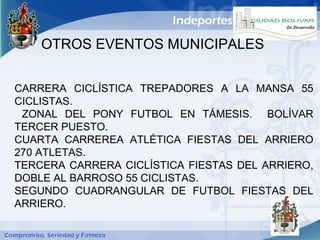 OTROS EVENTOS MUNICIPALES


CARRERA CICLÍSTICA TREPADORES A LA MANSA 55
CICLISTAS.
 ZONAL DEL PONY FUTBOL EN TÁMESIS. BOLÍVAR
TERCER PUESTO.
CUARTA CARREREA ATLÉTICA FIESTAS DEL ARRIERO
270 ATLETAS.
TERCERA CARRERA CICLÍSTICA FIESTAS DEL ARRIERO,
DOBLE AL BARROSO 55 CICLISTAS.
SEGUNDO CUADRANGULAR DE FUTBOL FIESTAS DEL
ARRIERO.
 